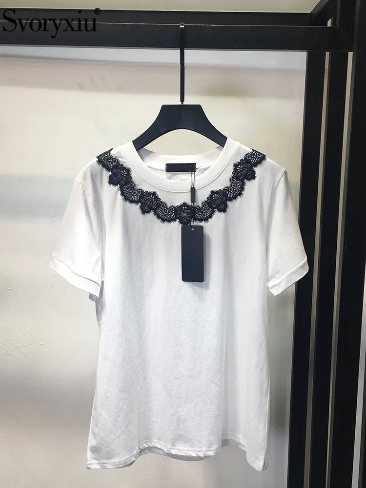 

Svoryxiu High Quality New Fashion Summer Vintage White Color T-shirt Tops Women's Short Sleeve Lace Hollow Out Straight T-shirt