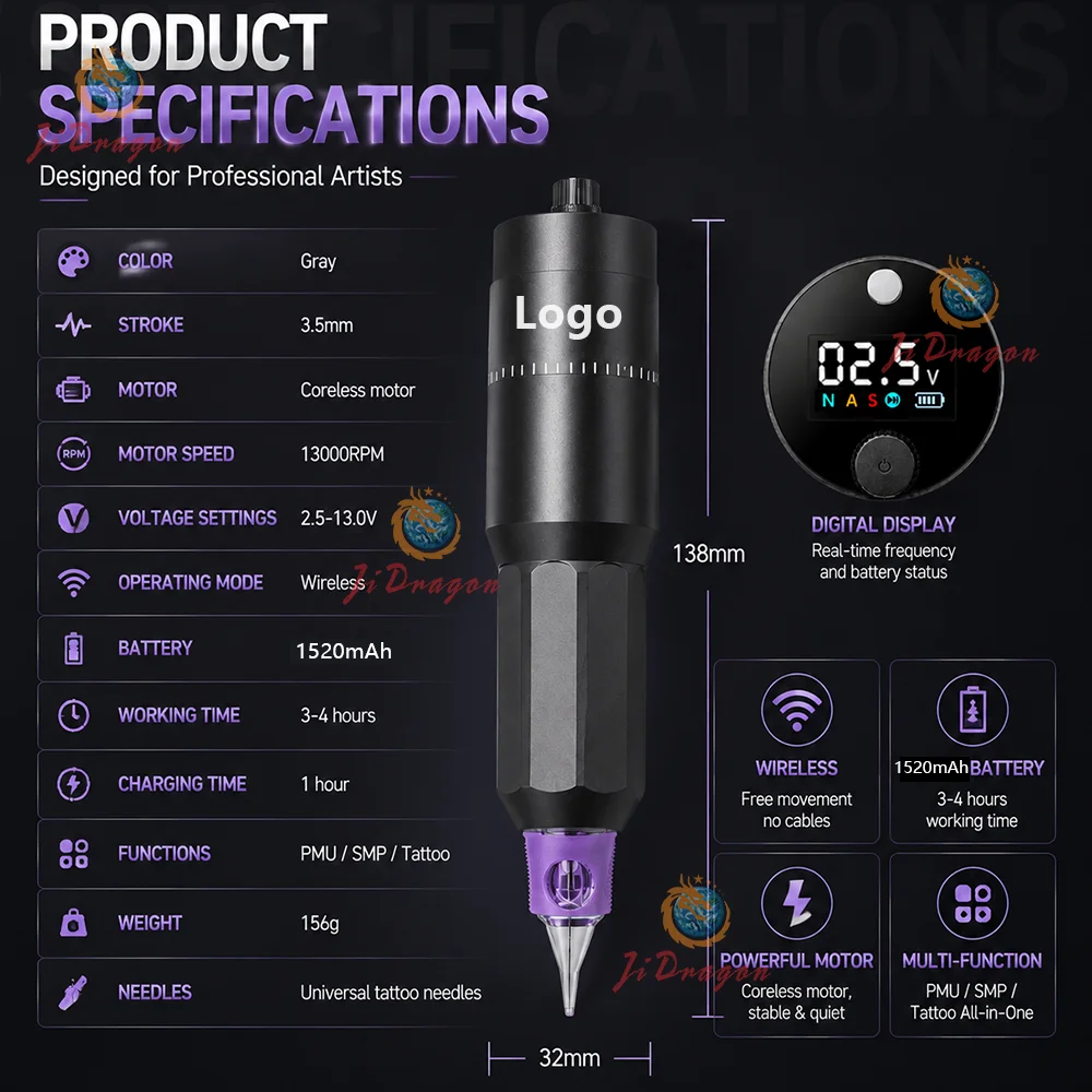 Macchina per Tatuaggi Wireless, Penna Rotativa con Display Digitale, Macchina PMU SMP per Trucco Permanente, Micropigmentazione del Cuoio Capelluto per Sopracciglia e Labbra - immagine 3