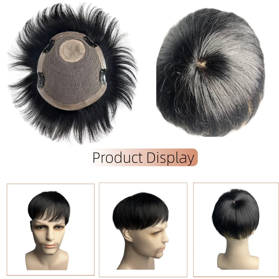 Parrucchino Nero Naturale da Uomo, Parrucca Corta in Capelli Umani, Topper per Uomini, Extension con Clip per Calvizie e Perdita di Capelli - immagine 3