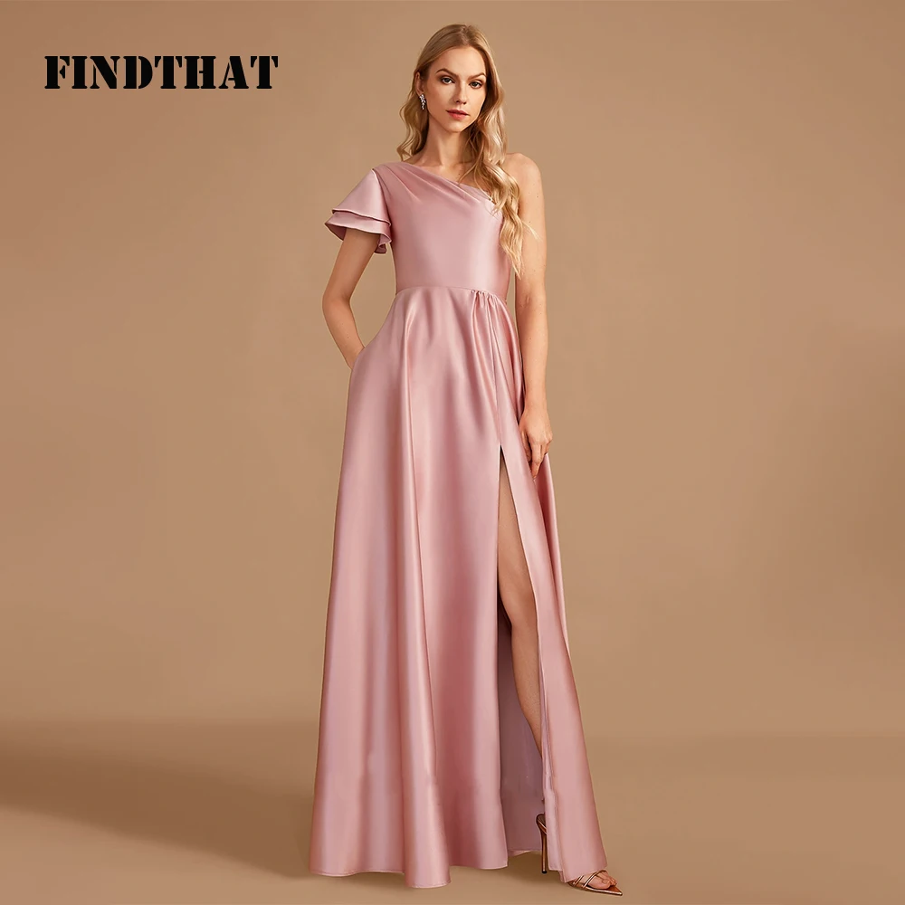 

Findthat Elegant Pink One-Shoulder Satin Bridesmaid Dresses 2024 Ruffles Sleeves A-Line Prom Party Gown with Pocket Floor Length