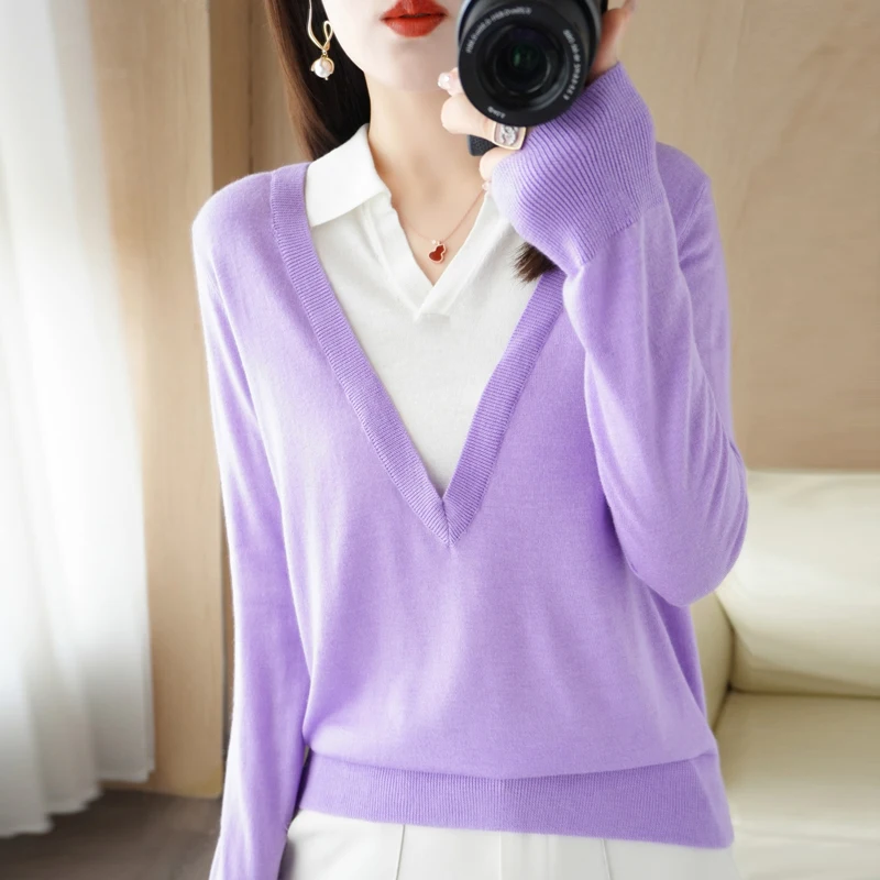 

New Worsted Wool V-neck Fake Two-piece Patchwork Knit Sweater For Women POLO Neck Long Sleeved Base Sweater Loose And Casual Wea