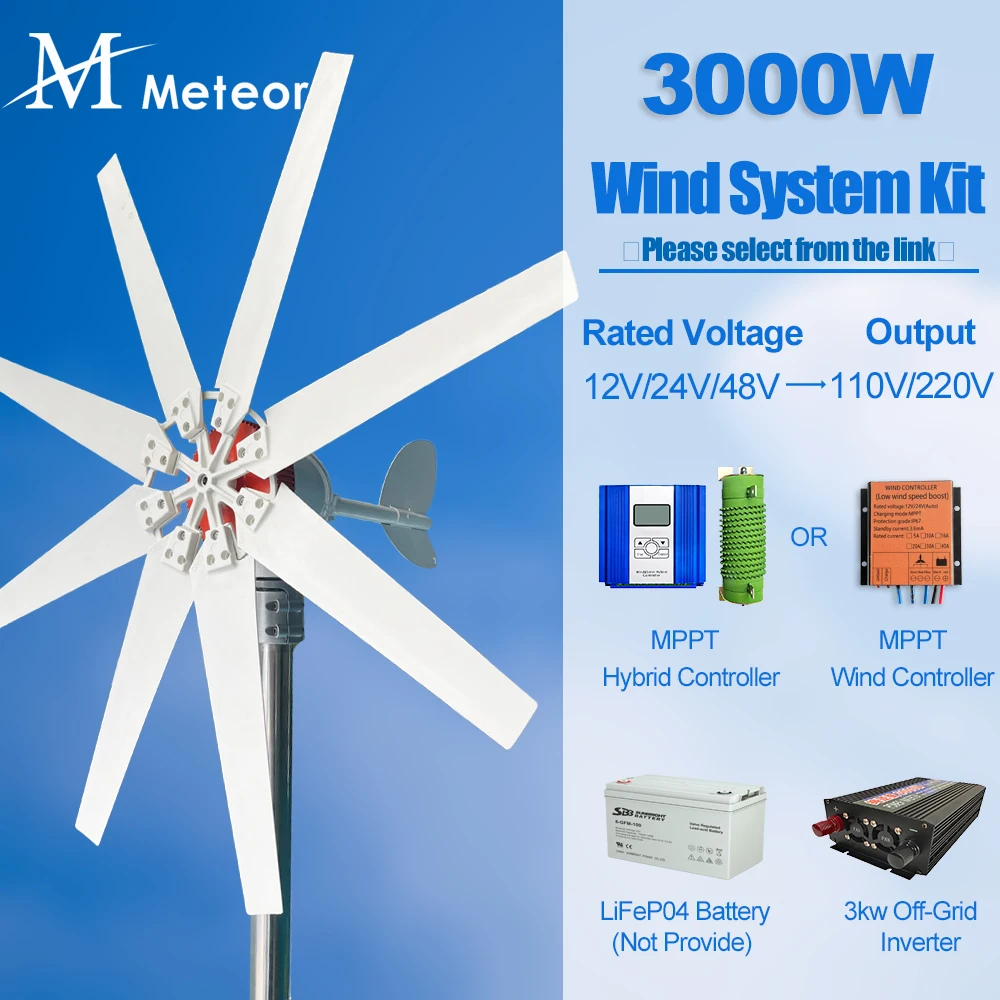 3000W Horizontal Wind Turbine Generator 12V 24V 48V Small Windmill Free Energy 220V/110V Household Farm