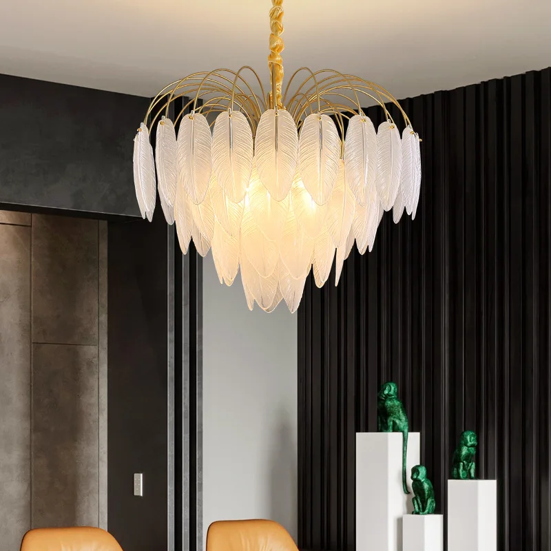 

Minimalist LED Luxury Crystal Chandeliers Glass Feather Hanging Pendant Lights Living Dining Room Bedroom Lampara tehco Lustre