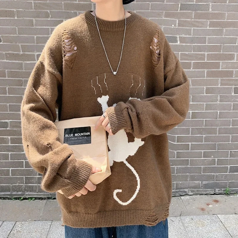 2024 Spring And Autumn Leaky Hole Sweater Korean Edition Men's Travel Handsome Abstract Pattern Loose Long Sleeved Knitted Shirt