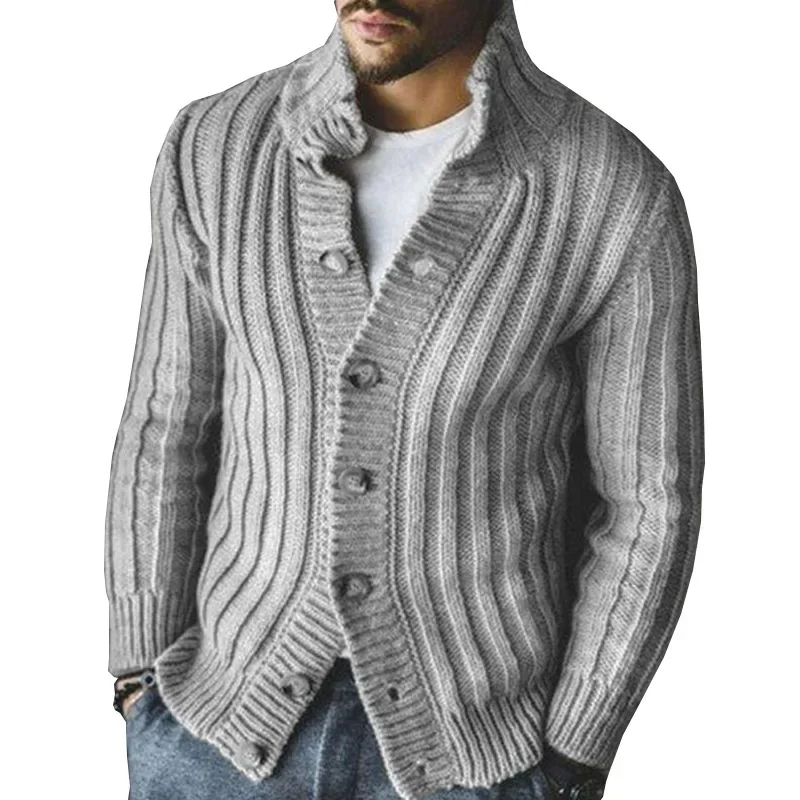

Мужской однобортный трикотажный пуловер, повседневный Однотонный свитер с воротником с лацканами и длинными рукавами, 2024