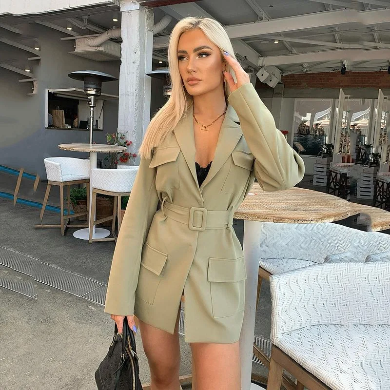 Fall 2021 New Slim Fashion Temperament Suit Women Mid-length Suit Cardigan Lace-up Suit Collar Long-sleeved Women's Clothing