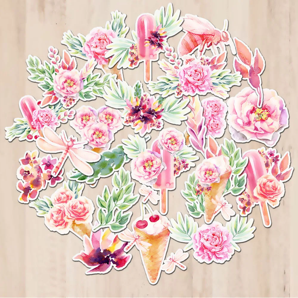 

Pack of 29 Watercolor Ice Cream Flower Sticker Pack for Decorating Journals, Notebooks, Laptops, Water Bottles, and More
