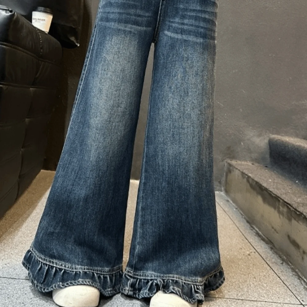 Wide Leg Pants Teen Girl Jeans Straight High Waist Children Ruffled Jeans Long Loose Streetwear Girls Denim Trousers