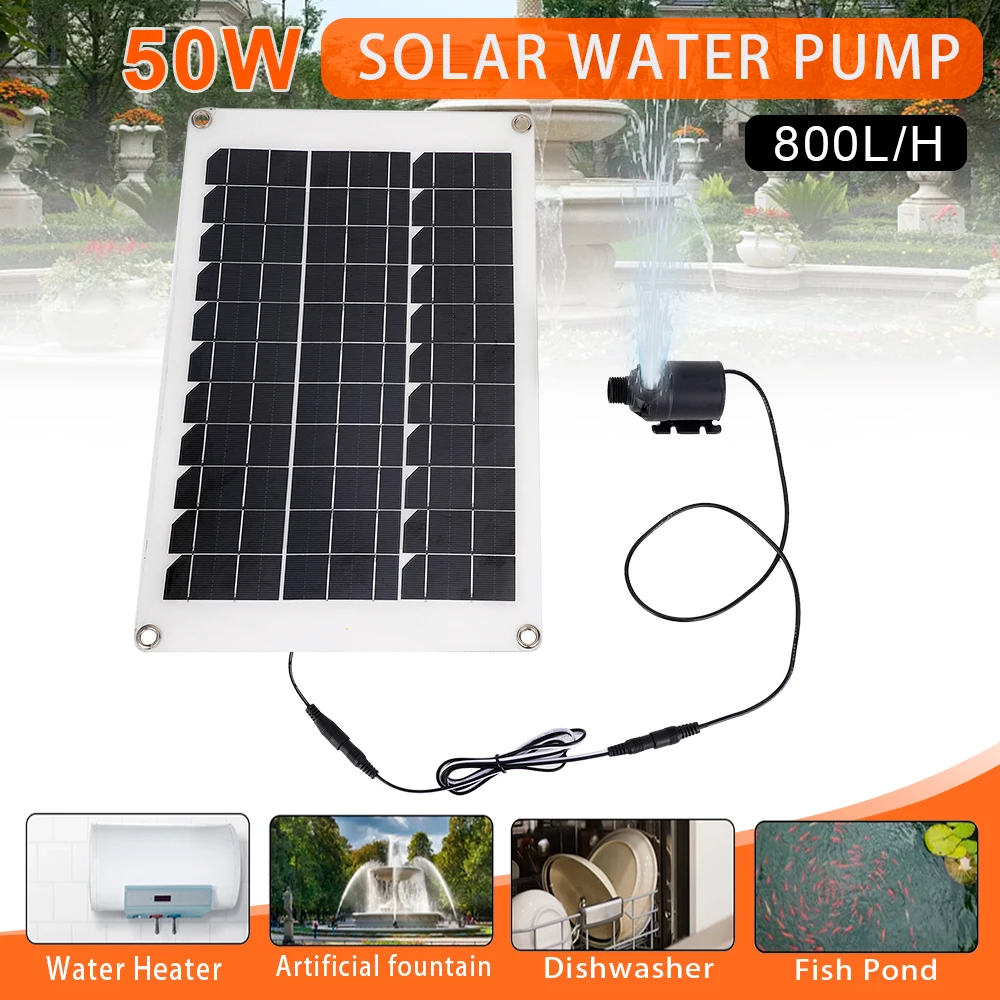 800L/H DC 12V Brushless Solar Water Pump 50W Solar Panel Ultra-quiet Submersible Water Pump Fish Pond Garden Fountain Decoration