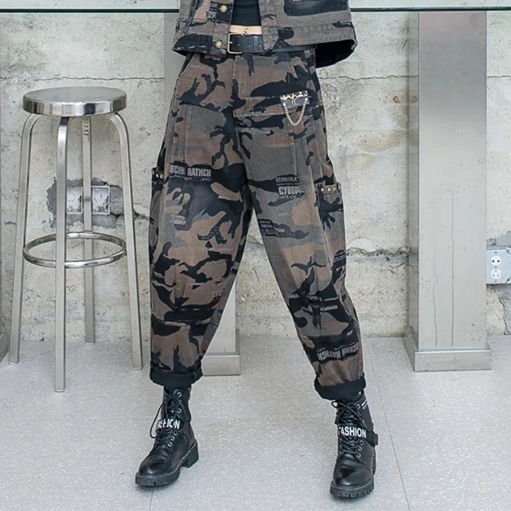 

Cool Trendy Camouflage Harem Pants Women 2024 Spring Autumn New Loose Personalized Denim Jeans LX1240