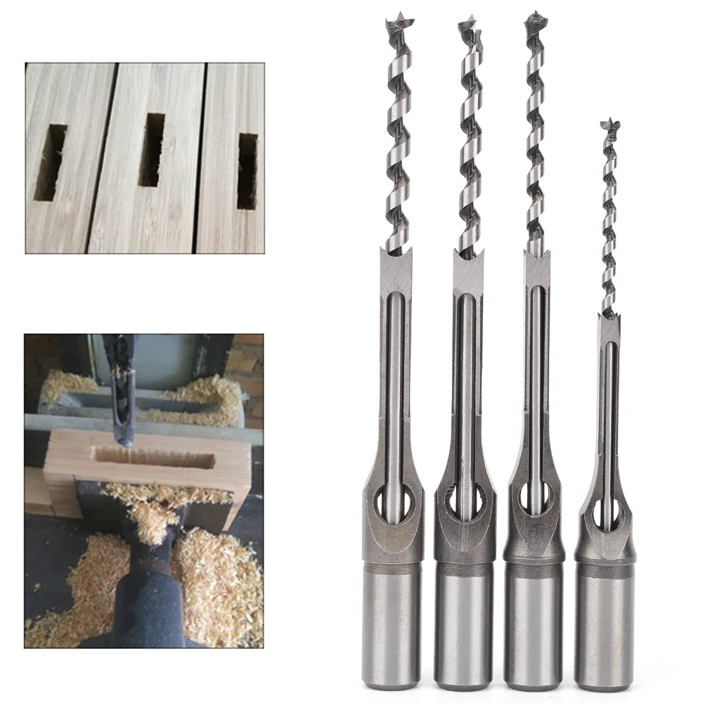 4Pcs Square Hole Drill Bits Wood Mortising Chisel Set Wooden Drilling Hand Tools 6.4/8/9.5/12.7mm premium square hole drill tool woodworking tools twist square hole drill bits auger mortising chisel extended saw for wood carvi