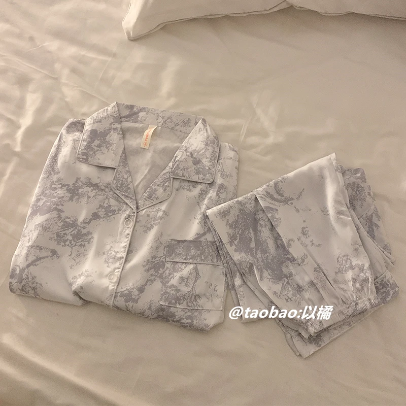 

Ice Silk Pajamas Women's Spring And Autumn High-end Thin Summer Long-sleeved High-end Ink Style Large Size Home Clothes Suit