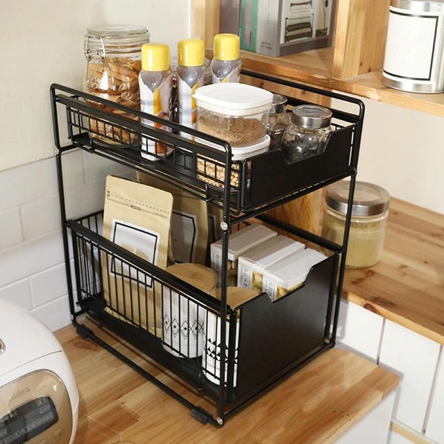 1pc 2-Tier Sliding Basket Drawer Organizer, Pull Out Under Sink Cabinets  Organizer, Metal Home Organizer Shelf, For Bathroom Or Kitchen, Sliding  Count