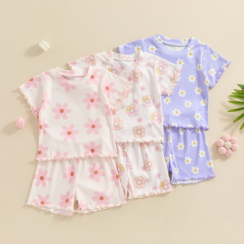 

2024-03-25 Lioraitiin 6M-4Y Summer Kids Girls Clothes Set Flower Print Short Sleeve Crew Neck T-shirt with Shorts Outfit