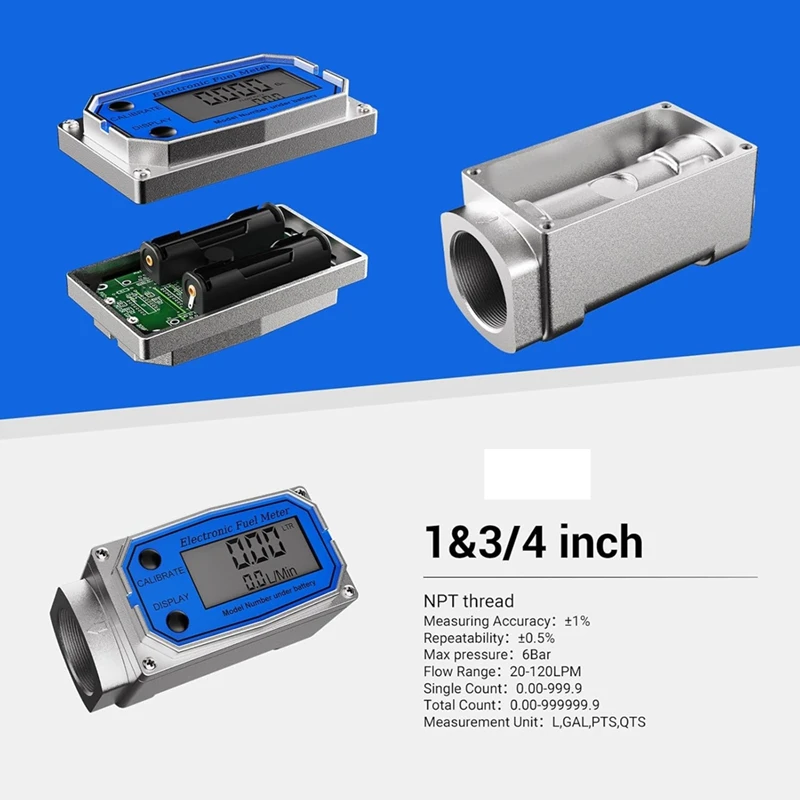 1 Inch Fuel Flow Meter With 3/4 Inch Adapters Digital Turbine Flow Meter 2.5-31 GPM Inline NPT Thread Dieselflow