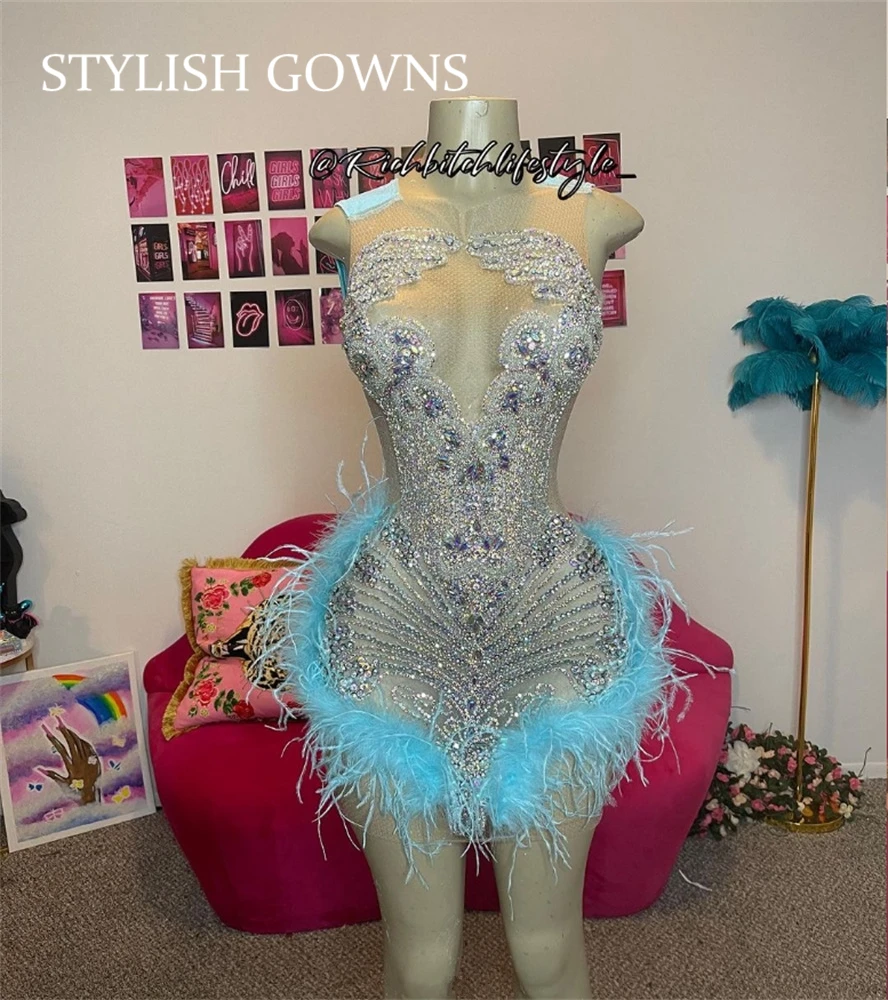 

Sky Blue Short Prom Dress For Black Girl Silver Beaded Crystal Birthday Party Dresses Feathers Mini Cocktail Homecoming Robe