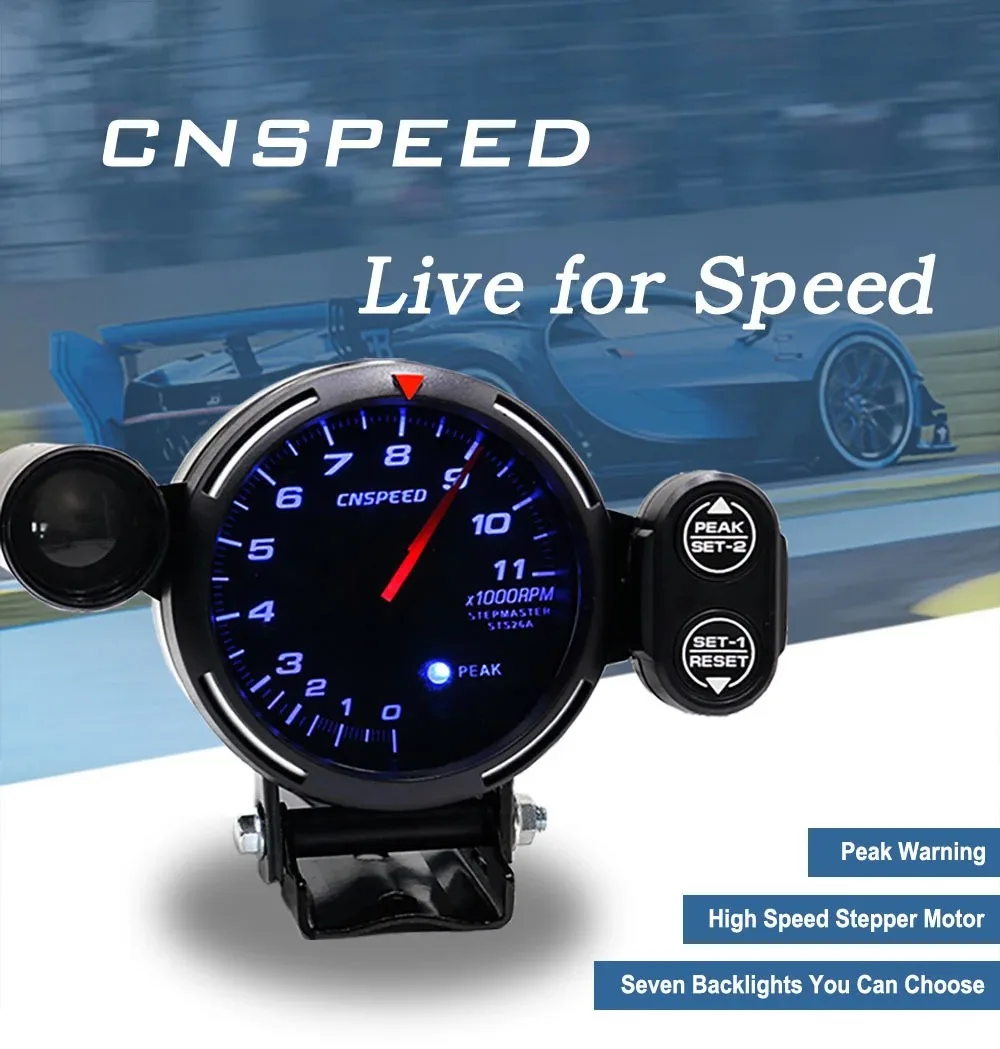 Engine tachometer CNSPEED 80MM 7 Color New Auto Car Tachometer Gauge 0-11000 Rpm Meter High Speed Stepper Motor With Shift Light And Peak Warning