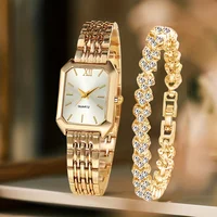 2PCS Fashion Rectangle Women Quartz Watch Rhinestone Bracelet Set Ladies Roma Dial Wristwatch Reloj Mujer Girls Clock Gift 2