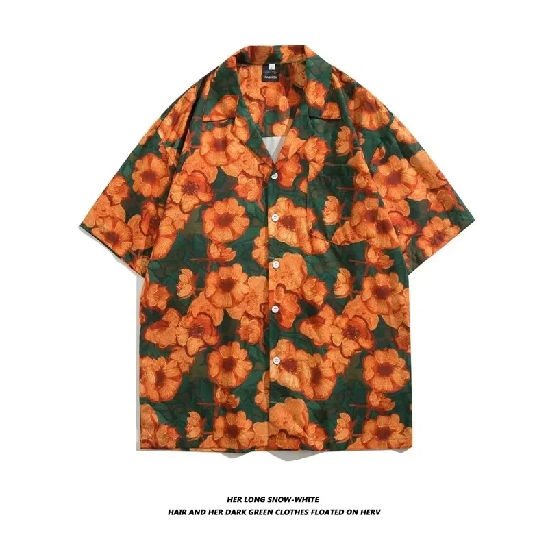 Mens Dress Shirt Vintage Cuban collar shirt Men's and women's American style loose design couple beach short-sleeved shirt floral blouse