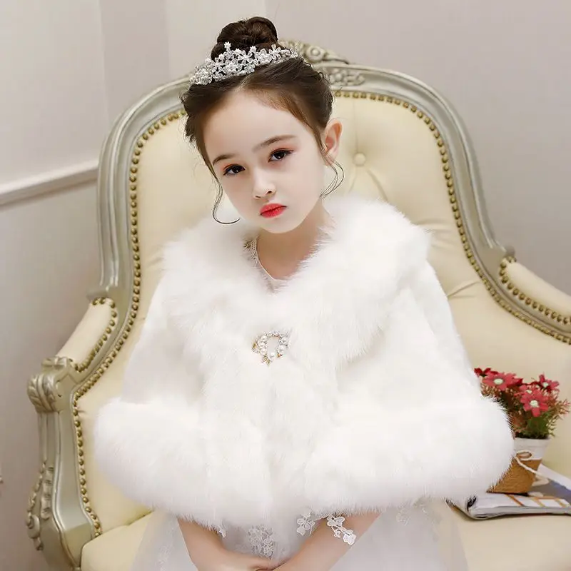 Winter Thicker Cloak Girls Kids New Year Costume Warm Children Faux Fur Hooded Shawl Cloak Red White Coat For Girls Kids 3-13T