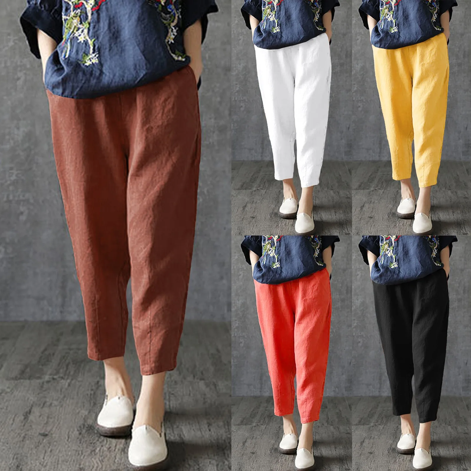 

Women's Harem Pants Summer Cotton Linen Capri Pants Breathable Ankle-length Trousers Casual Retro Loose Mom Pant Solid Pockets