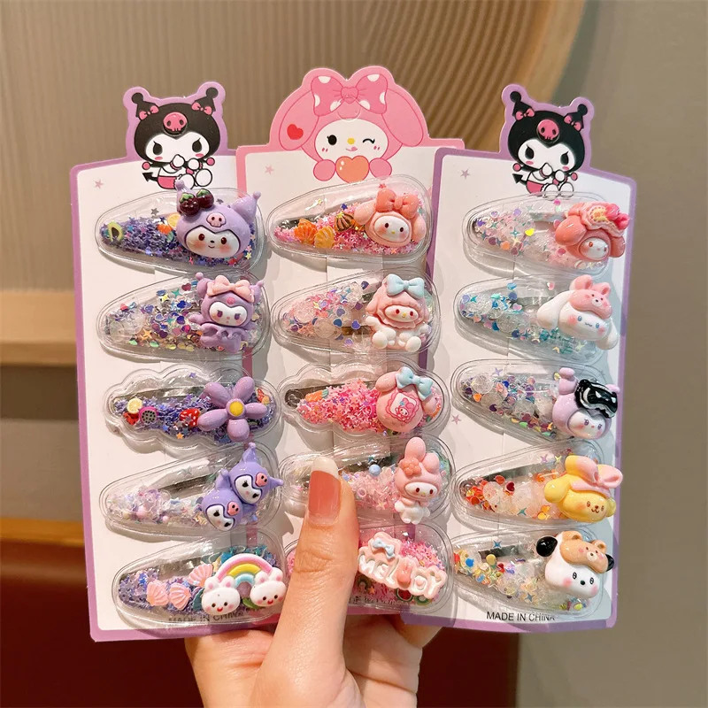 5Pcs Sanrio Kuromi Cinnamoroll Girls Hairpin Kawaii Babies Hair Clip My Melody Princess quicksand Babies Clips Girl Accessories