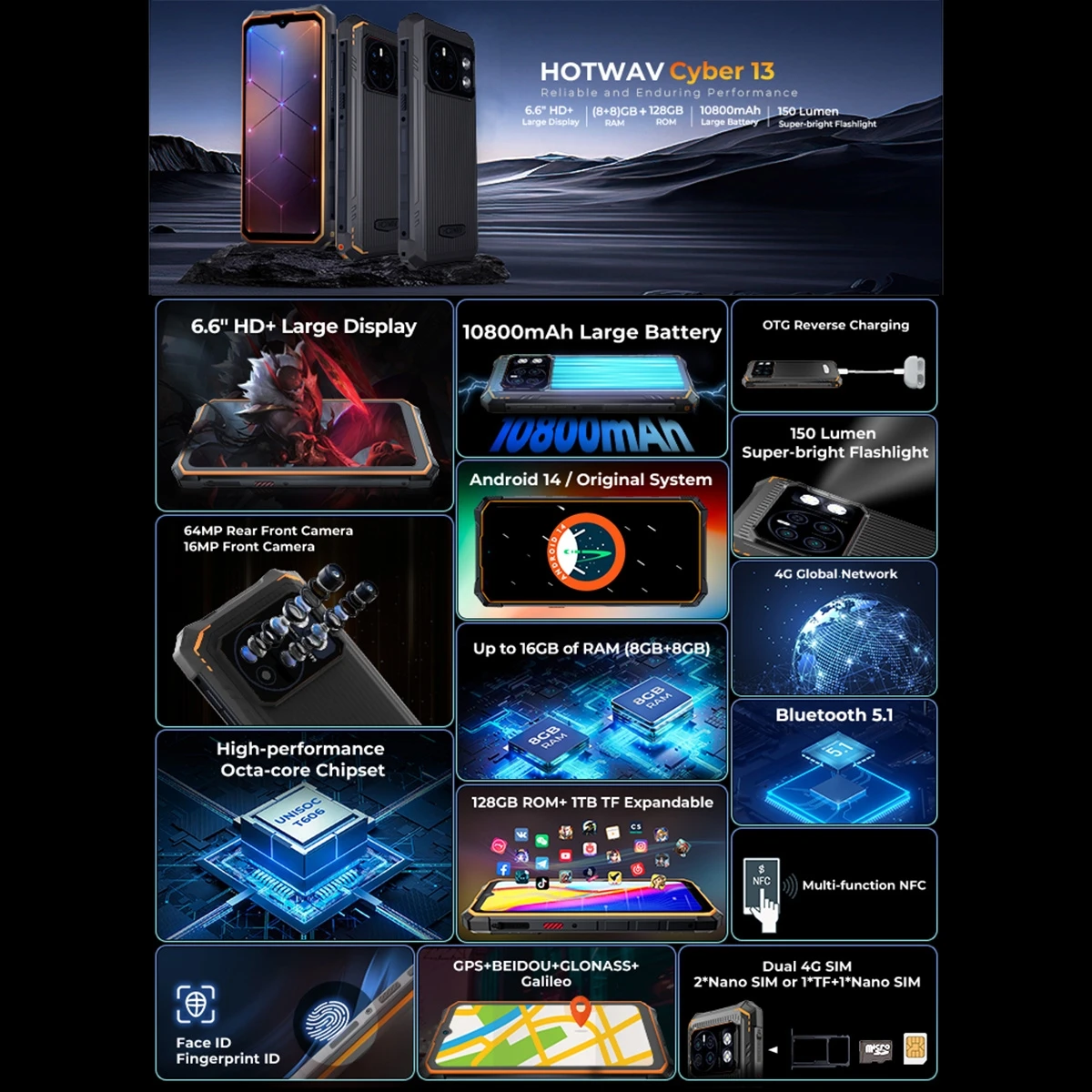 HOTWAV CYBER 13 Rugged Phone 8GB+128GB 150LM Flashlight 6.6'' Android 13 UNISOC T619 10800mAh  Massive Battery 4G NFC Cellphone