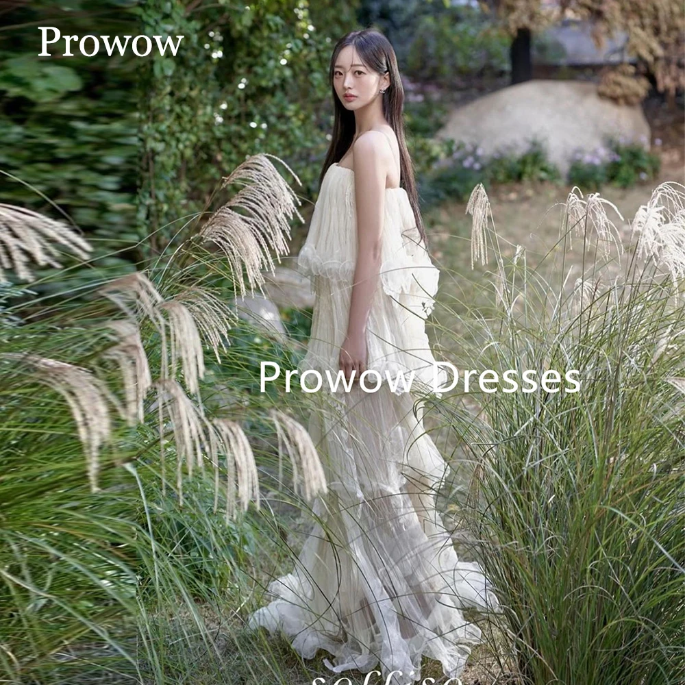 Prowow A Line Wedding Dress Korea Photoshoot Sleeveless Bridal Gown Floor Length Layered Soft Tulle Customized