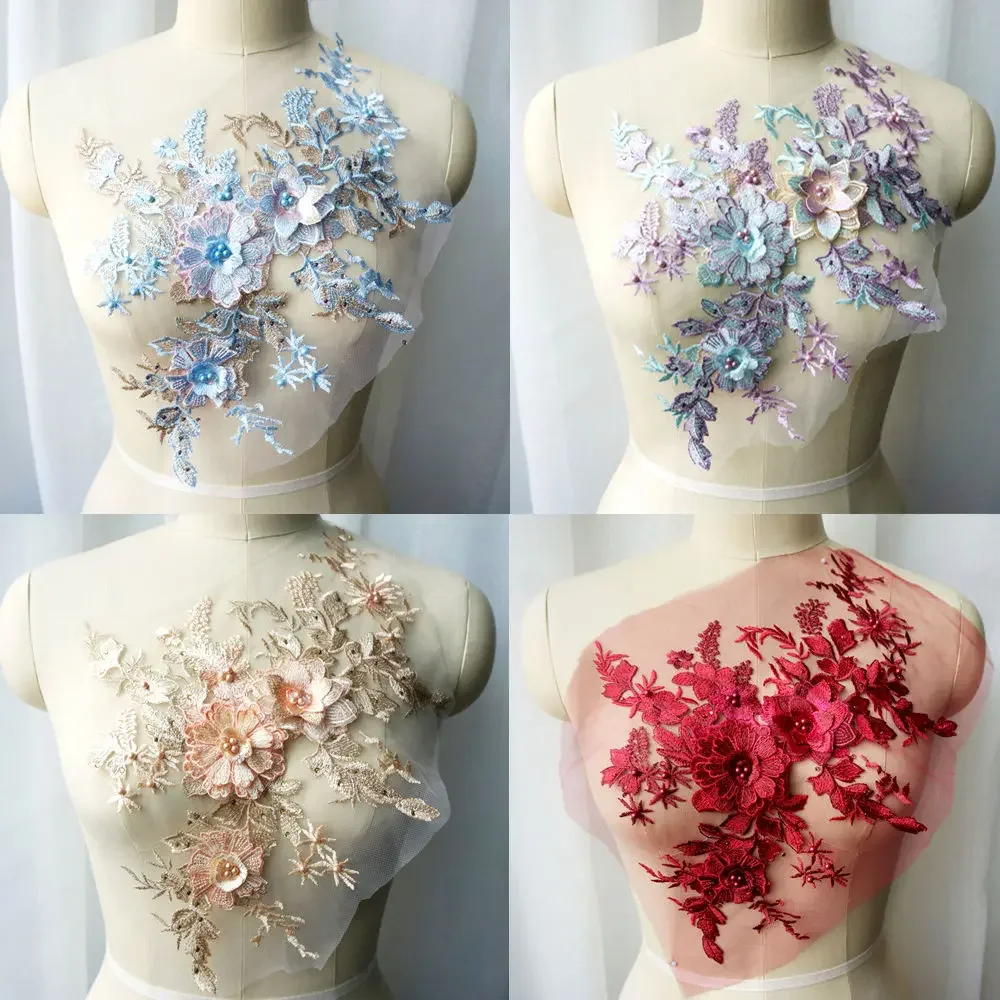 

Purple Red Blue Lace Fabric 3D Flower Beads Rhinestone Embroidered Wedding Gown Appliques Mesh Sew Patch For Dress DIY Decor