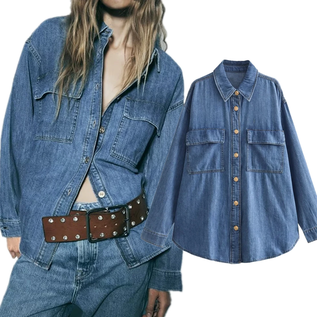 

Dave&Di American Vintage Denim Shirt Ladies Big Made Old Loose Pocket Boyfriend Style Women's Shirt Autumn