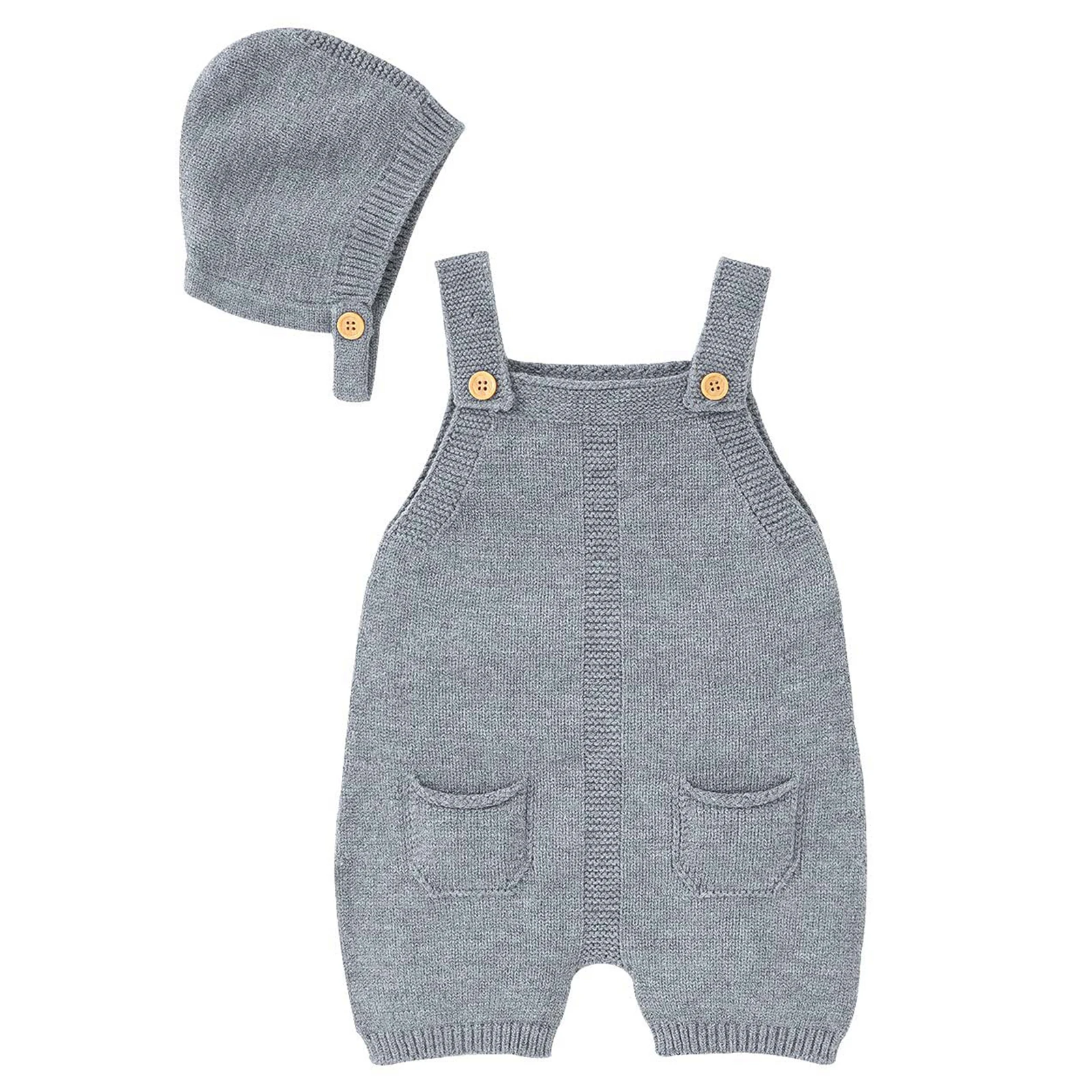 

0-18M Baby Casual Knitted Rompers Sweater Stretchy Suspender Pants Bodysuit Overall with Hat Daily Wear Photography Costume
