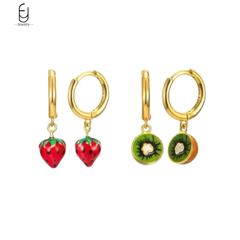 925 Sterling Silver Needle Exquisite Strawberry/Kiwi Pendant Earrings Fashion Fruit Earrings for Women Luxury Jewelry Gifts