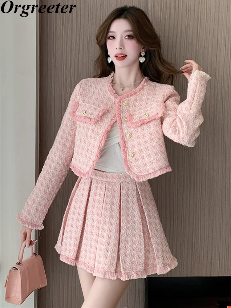 

Elegant Small Fragrance Wind Tweed Plaid Mini Skirt Sets Women Fall Winter Tassel Splice Jackets Thicken Two Piece Set Outfits