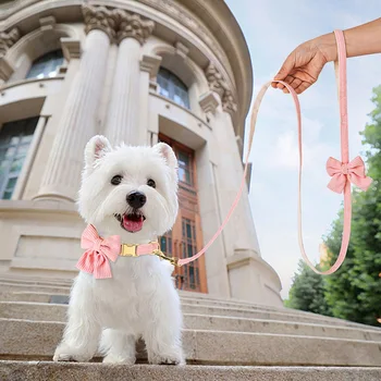 Cute Pink Dog Collar Leash Set With Bowtie Adjustable Soft Velvet Pet Collars And Leash for Small Medium Dogs Dog Accessories 5