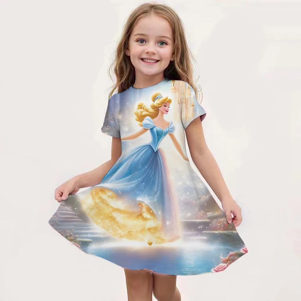 Cartoon Frozen Disneyland Trip Casual Dress For Little Girl Soft Princess Frock Kid Elsa Print Snow Queen A Line Summer Clothing