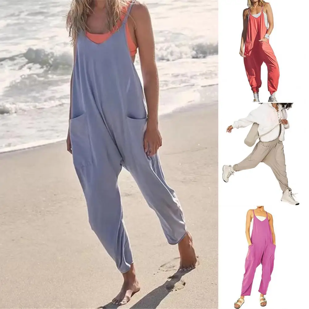 

Jumpsuit Women Romper Overalls Large Pocket Back Zipper Solid Color Loose Long Trousers Sleeveless Summer Jumpsuits Macacões