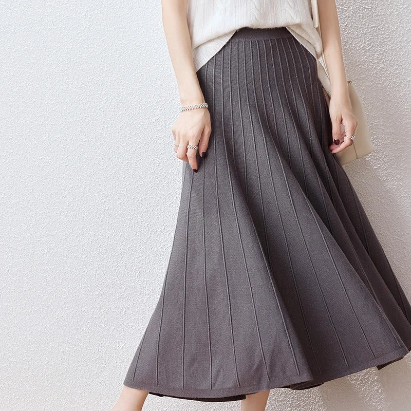 Autumn/Winter New Knitted Half Skirt Women's High Waist Slim Versatile A-line Skirt Large Swing Skirt Mid Length Pleated Skirt