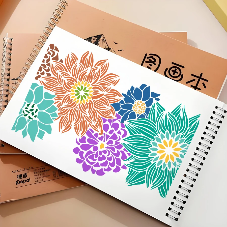1PC A4 꽃 스텐실 꽃무늬 템플릿 DIY 페인팅을 위한 기하학적 레이어링 디자인 벽 예술 스크랩북 장식