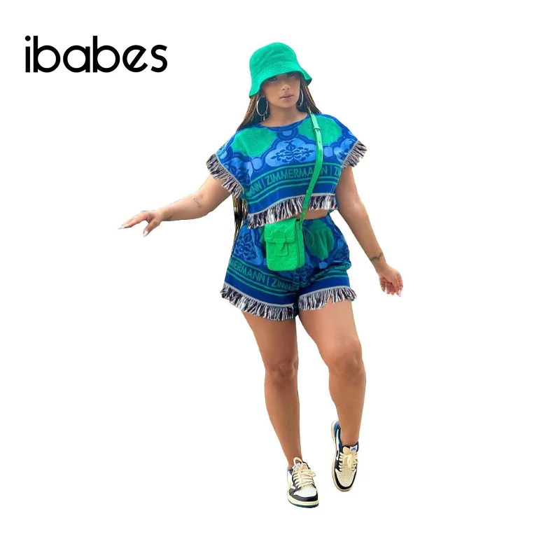 

Tassel Printed Women 2 Piece Set Sleeveless Crop Top Loose Shorts Matching Set 2023 Summer Holiday Tracksuit Sexy Workout Outfit