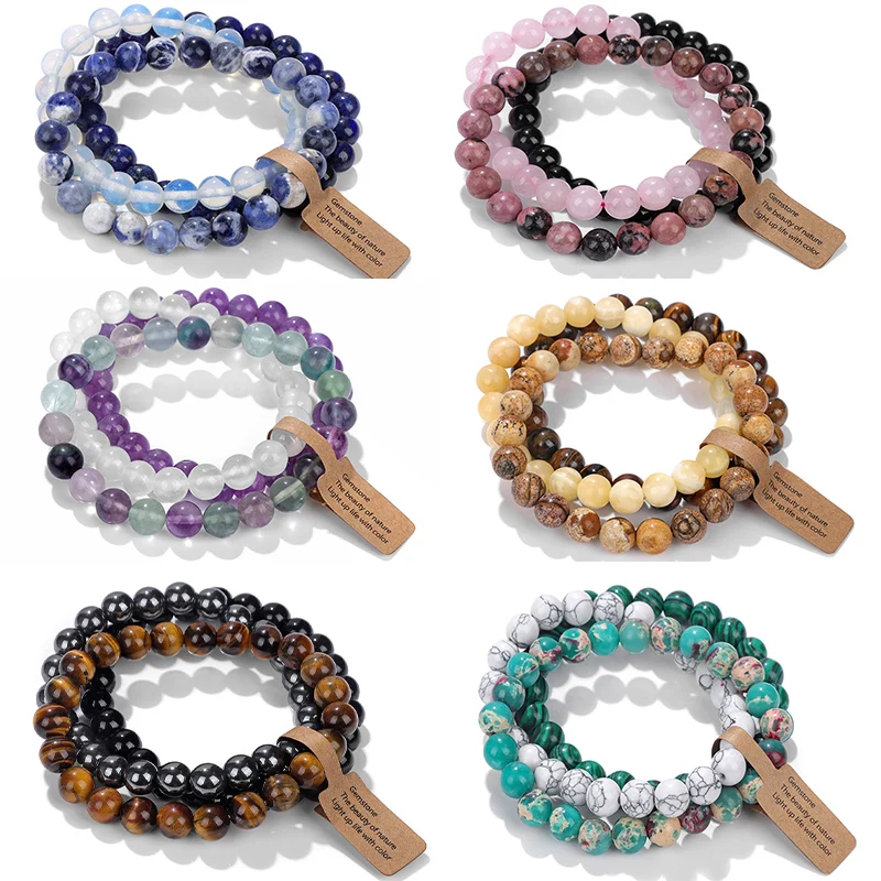 Natural Stone Bracelet 3PCS Rose Quartzs Opal Turquoises