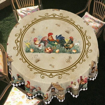 1 piece vintage chicken theme polyester tablecloth with screech edge, suitable for home kitchen decor, room decoration 1
