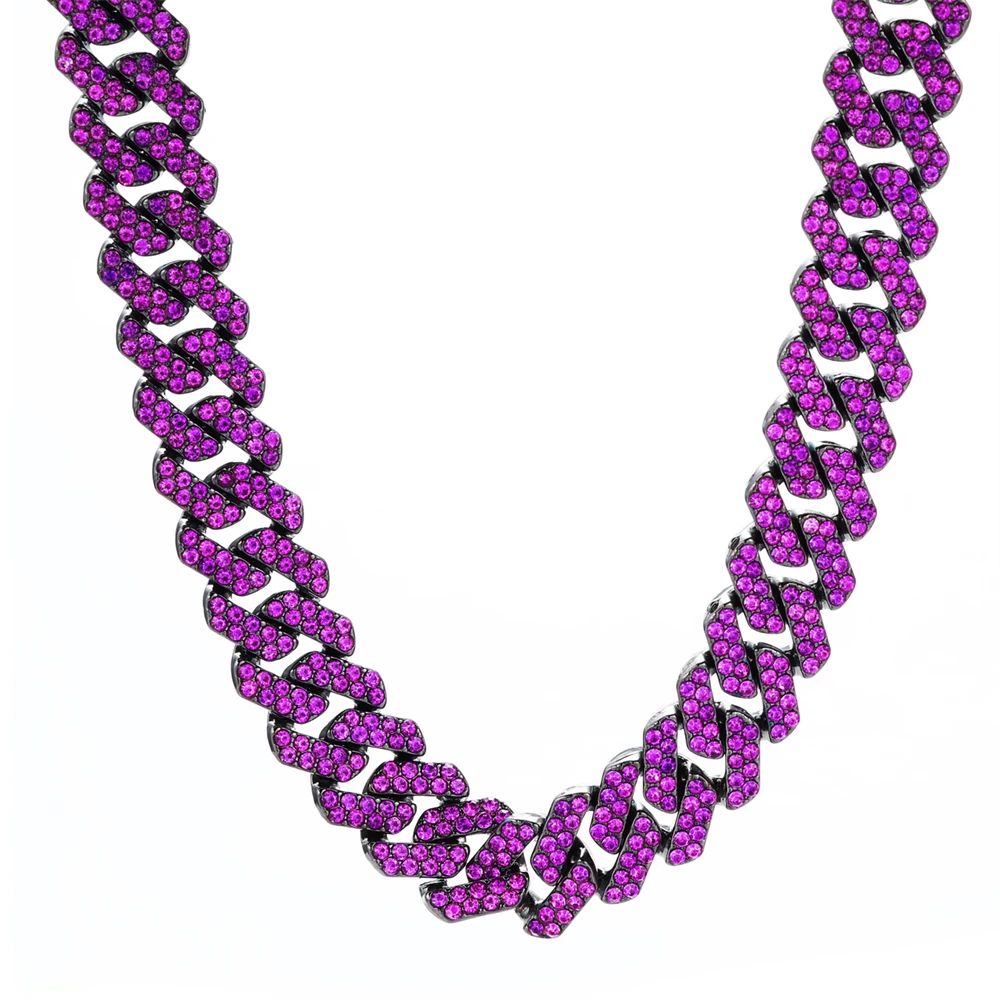 【BLACKPURPLE】Square Crystal Cuban Chain Necklace Woman New 5A Purple CZ Stone 14mm Cuban Link Chains Black Plated