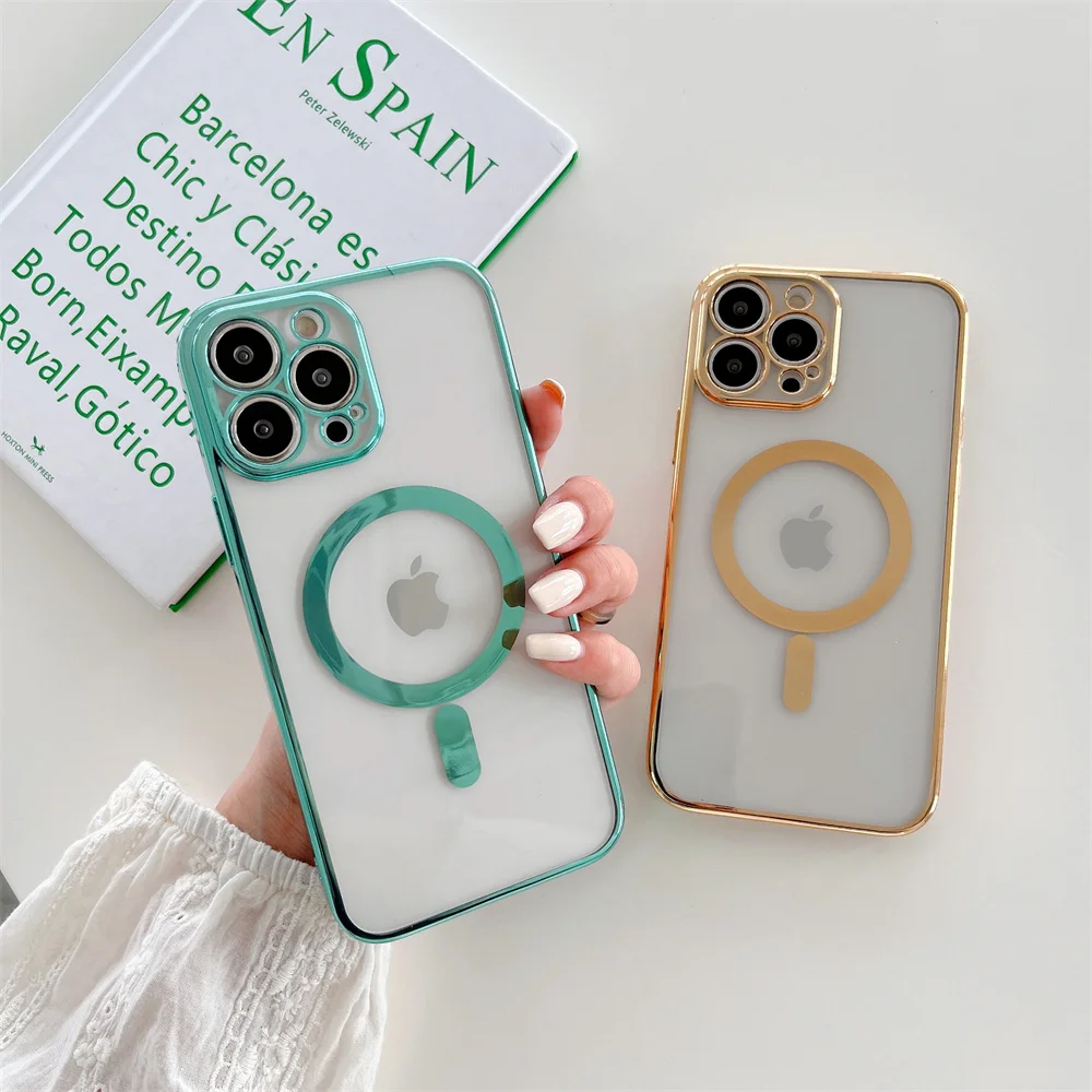 For IPhone 13 12 11 Pro Max Magsafe Magnetic Wireless Charging Case IPhone X XR XS 7 8 PlusElectroplated Frame Transparent Cover apple mag safe