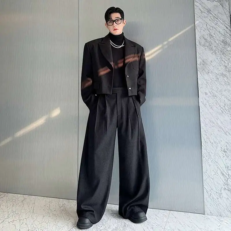 FEWQ Men's Two-piece Lapel Niche Design Solid Color Single Breasted Blazer Pleated Straight Wide Leg Male Suit Pants New 9C8389
