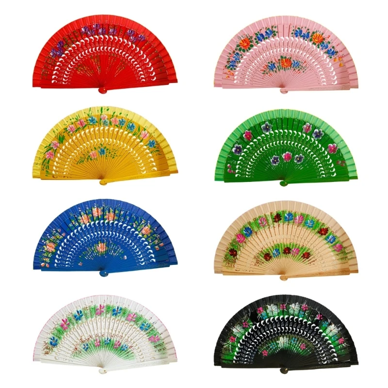 

Double-Side Flower Painting Gypsy Wooden Hand Fan for Dance Festival Decoration Dropship