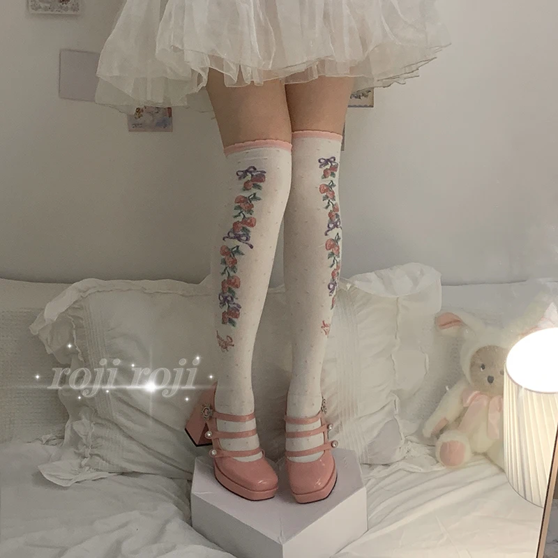 

Strawberry Lolita Socks Women over-the-Knee Thick Cotton Printed Lace Lolita Printed Japanese Style Stovepipe Socks