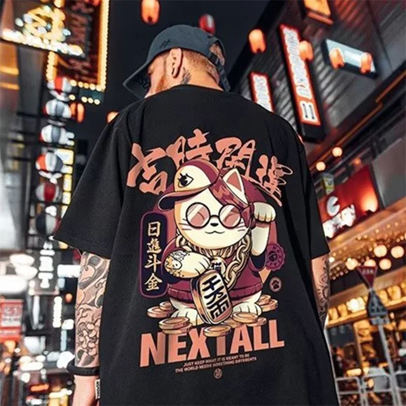 2023 Estate Uomo Kawaii Lucky Cat Stampato T Shirt Homme Manica Corta Hip Hop Streetwear T-Shirt Moda Giapponese Y2K Tee Shirt