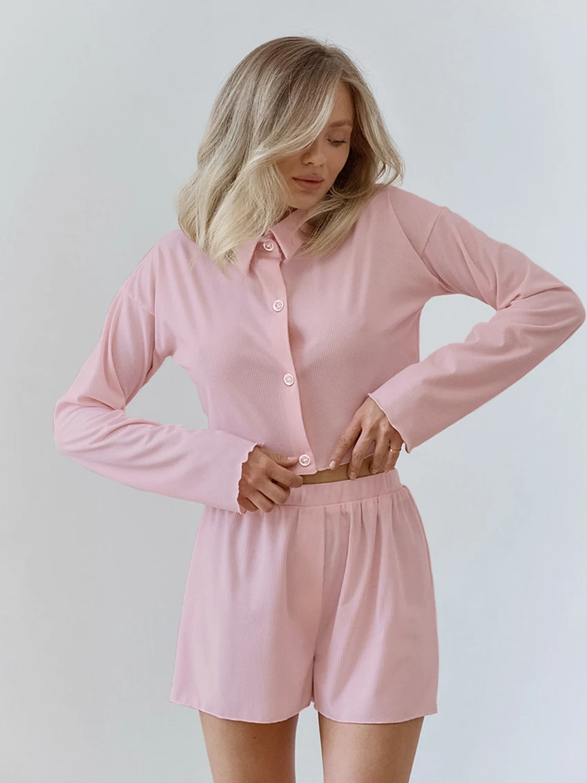 Marthaqiqi Casual Women Sleepwear Set Long Sleeve Nightwear Crop Top Nightgown Turn-Down Collar Pajama Shorts Femme Nightie Suit