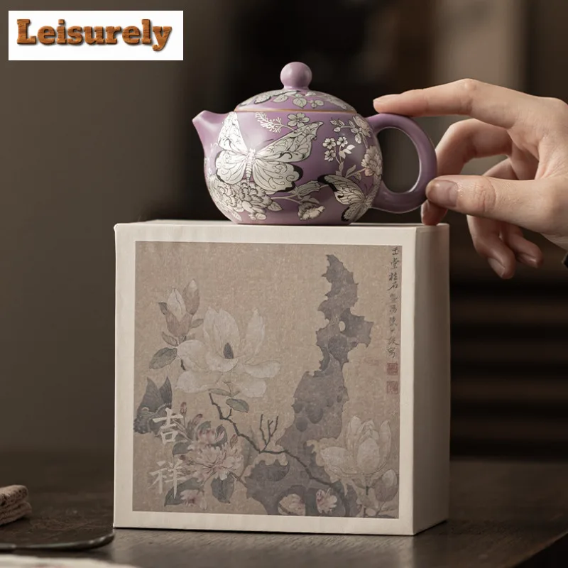 180ML Purple Ru Gilt Silver Butterfly Flower Xishi Teapot Japanese Tea Infuser Pot Tea Maker Kettle With Filter Teaware Craft