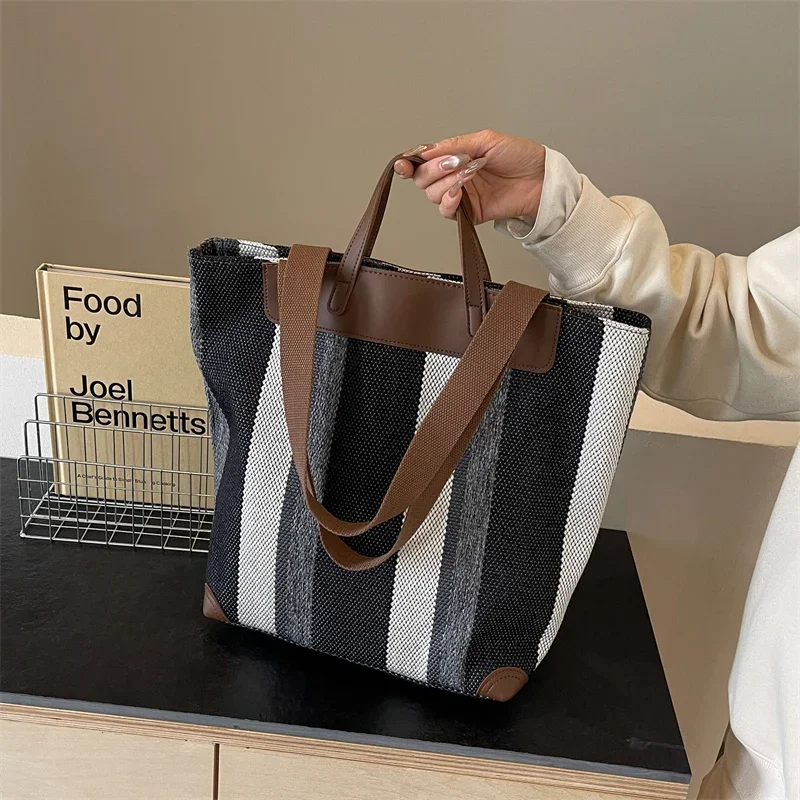 Striped Shoulder Bucket Bags For Women Canvas Fabric Large Capacity Shopping Totes Contrast Color Commute Shopper Handbags 2024 - 6
